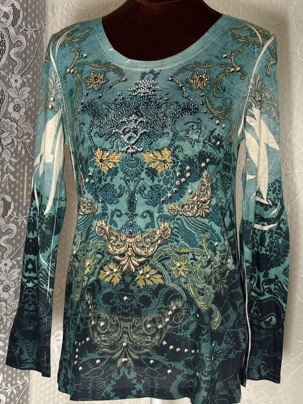 Chico's Teal & Gold Embellished Long Sleeve Tee